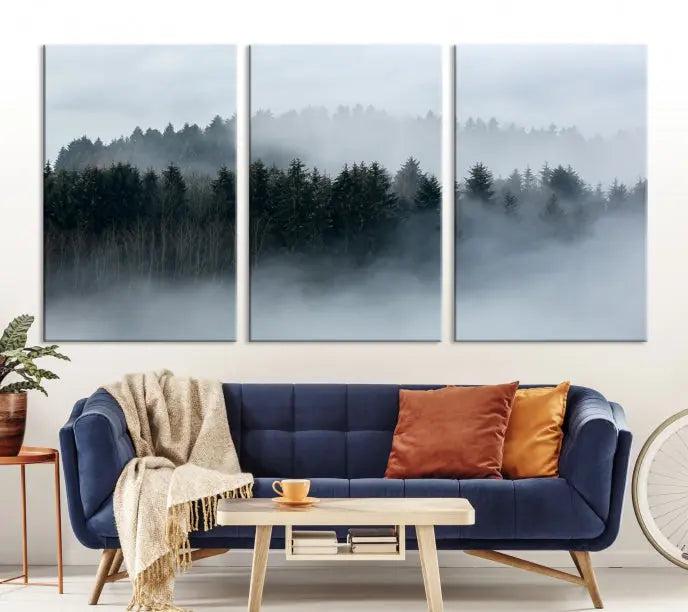 The Autumn and Misty Trees in the Forest Wall Art Canvas Print is crafted on museum-quality canvas with a UV-protective coating. It features a striking three-panel design that portrays a misty forest. This versatile décor piece suits any room, and you can enjoy free shipping directly to your doorstep.