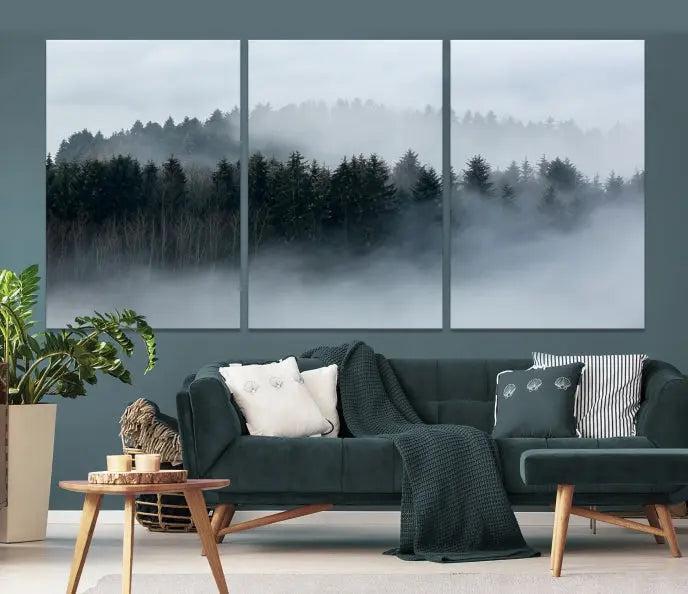 The Autumn and Misty Trees in the Forest Wall Art Canvas Print is crafted on museum-quality canvas with a UV-protective coating. It features a striking three-panel design that portrays a misty forest. This versatile décor piece suits any room, and you can enjoy free shipping directly to your doorstep.