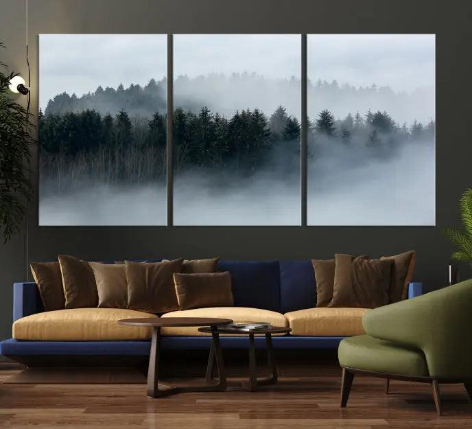 The Autumn and Misty Trees in the Forest Wall Art Canvas Print is crafted on museum-quality canvas with a UV-protective coating. It features a striking three-panel design that portrays a misty forest. This versatile décor piece suits any room, and you can enjoy free shipping directly to your doorstep.