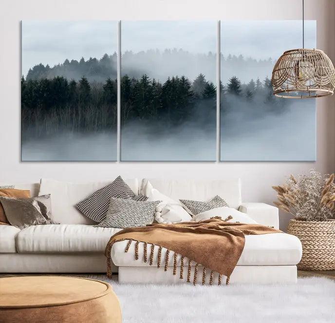 The Autumn and Misty Trees in the Forest Wall Art Canvas Print is crafted on museum-quality canvas with a UV-protective coating. It features a striking three-panel design that portrays a misty forest. This versatile décor piece suits any room, and you can enjoy free shipping directly to your doorstep.