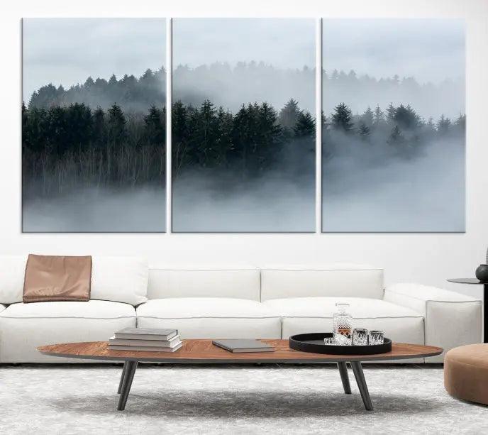 The Autumn and Misty Trees in the Forest Wall Art Canvas Print is crafted on museum-quality canvas with a UV-protective coating. It features a striking three-panel design that portrays a misty forest. This versatile décor piece suits any room, and you can enjoy free shipping directly to your doorstep.