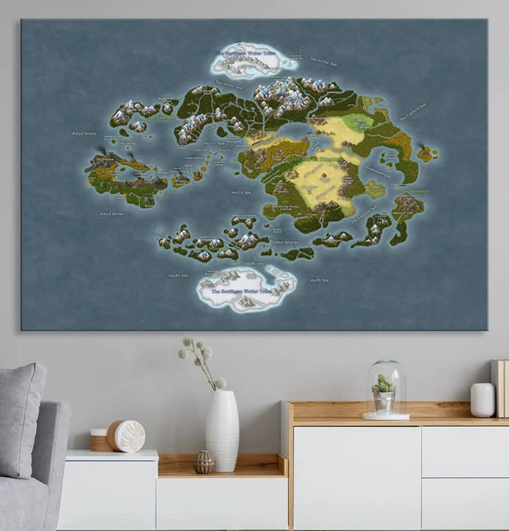 The Avatar The Last Airbender World Map Canvas Wall Art – Fantasy-Inspired Map Print enhances the wall with its vivid depiction of landscapes and intricate geography, perfectly encapsulating the spirit of adventure and imagination inherent in Avatar: The Last Airbender.