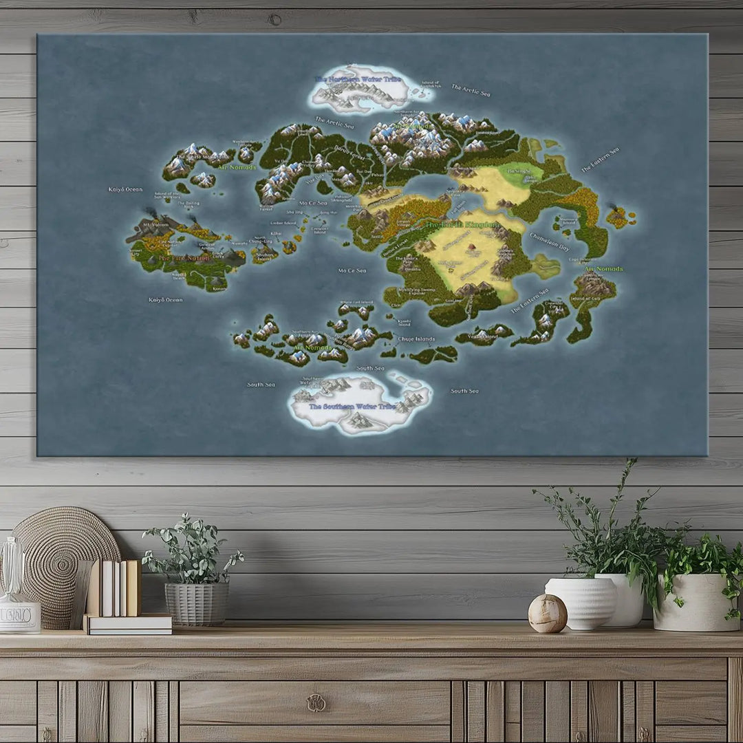 The Avatar The Last Airbender World Map Canvas Wall Art – Fantasy-Inspired Map Print enhances the wall with its vivid depiction of landscapes and intricate geography, perfectly encapsulating the spirit of adventure and imagination inherent in Avatar: The Last Airbender.