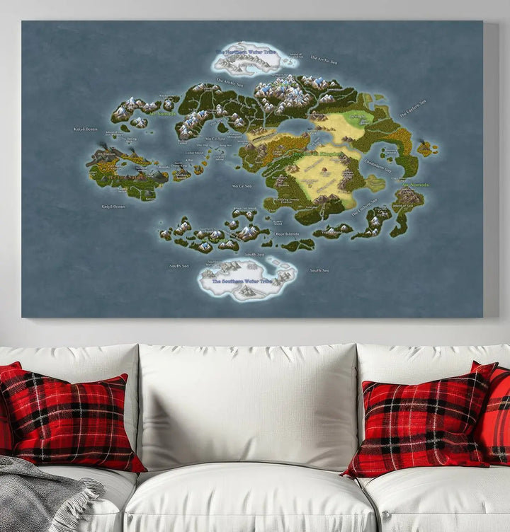 The Avatar The Last Airbender World Map Canvas Wall Art – Fantasy-Inspired Map Print enhances the wall with its vivid depiction of landscapes and intricate geography, perfectly encapsulating the spirit of adventure and imagination inherent in Avatar: The Last Airbender.