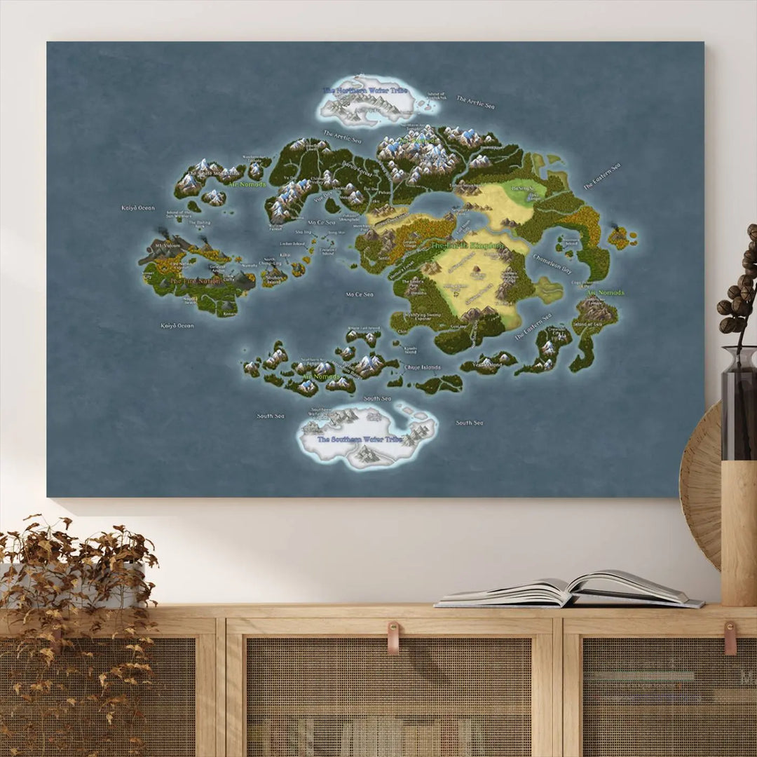 The Avatar The Last Airbender World Map Canvas Wall Art – Fantasy-Inspired Map Print enhances the wall with its vivid depiction of landscapes and intricate geography, perfectly encapsulating the spirit of adventure and imagination inherent in Avatar: The Last Airbender.