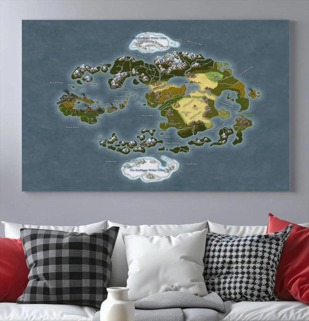 The Avatar The Last Airbender World Map Canvas Wall Art – Fantasy-Inspired Map Print enhances the wall with its vivid depiction of landscapes and intricate geography, perfectly encapsulating the spirit of adventure and imagination inherent in Avatar: The Last Airbender.