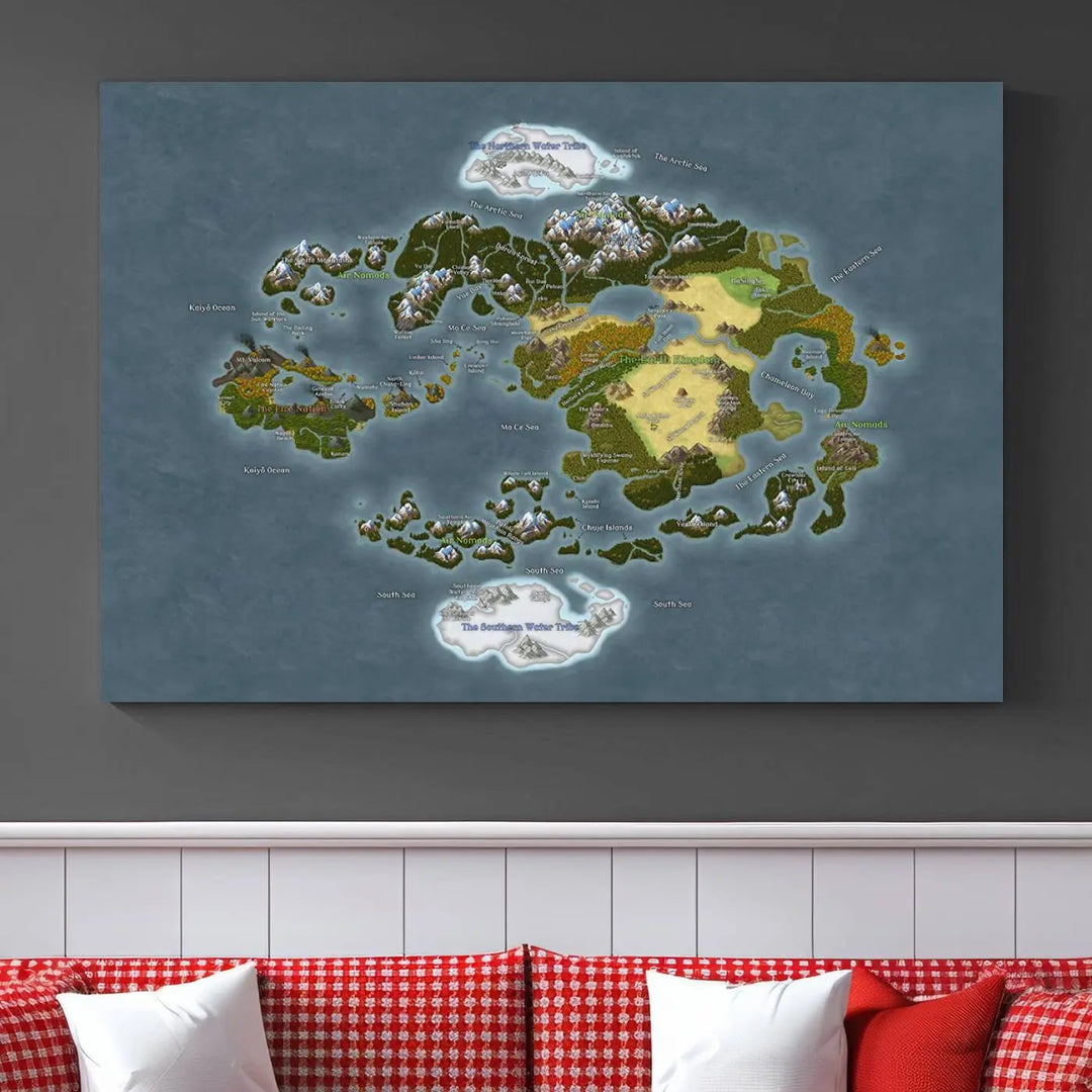 The Avatar The Last Airbender World Map Canvas Wall Art – Fantasy-Inspired Map Print enhances the wall with its vivid depiction of landscapes and intricate geography, perfectly encapsulating the spirit of adventure and imagination inherent in Avatar: The Last Airbender.