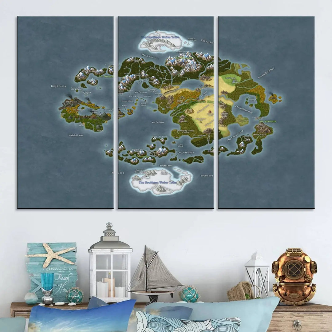 The Avatar The Last Airbender World Map Canvas Wall Art – Fantasy-Inspired Map Print enhances the wall with its vivid depiction of landscapes and intricate geography, perfectly encapsulating the spirit of adventure and imagination inherent in Avatar: The Last Airbender.