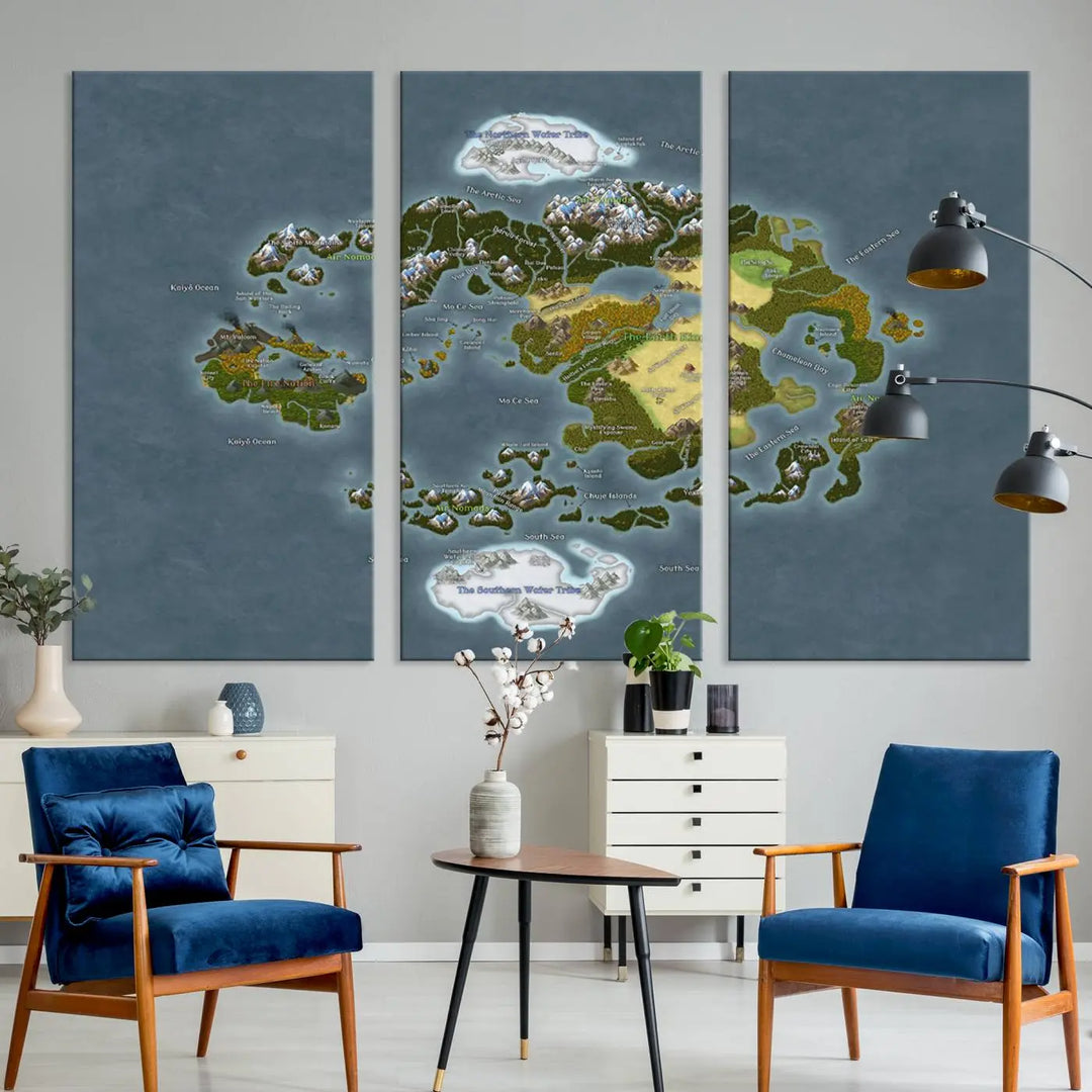 The Avatar The Last Airbender World Map Canvas Wall Art – Fantasy-Inspired Map Print enhances the wall with its vivid depiction of landscapes and intricate geography, perfectly encapsulating the spirit of adventure and imagination inherent in Avatar: The Last Airbender.