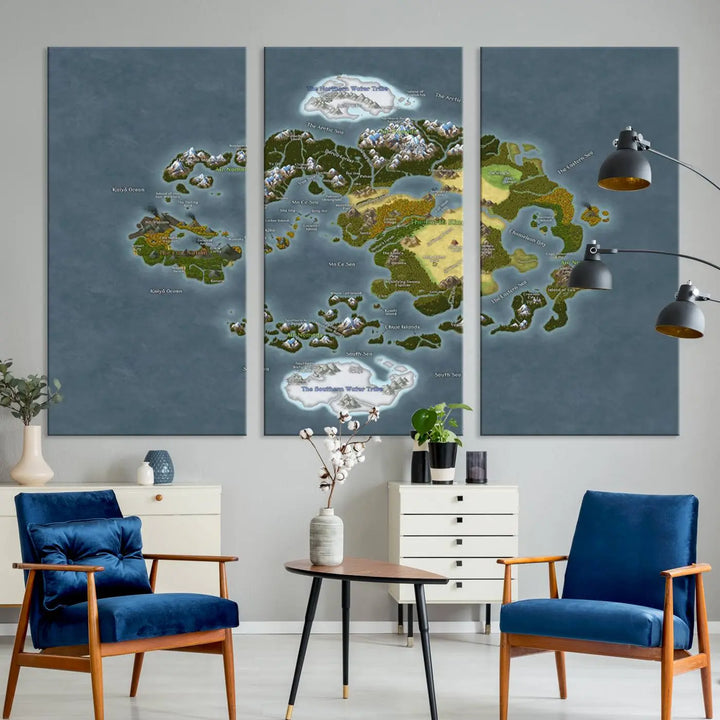 The Avatar The Last Airbender World Map Canvas Wall Art – Fantasy-Inspired Map Print enhances the wall with its vivid depiction of landscapes and intricate geography, perfectly encapsulating the spirit of adventure and imagination inherent in Avatar: The Last Airbender.