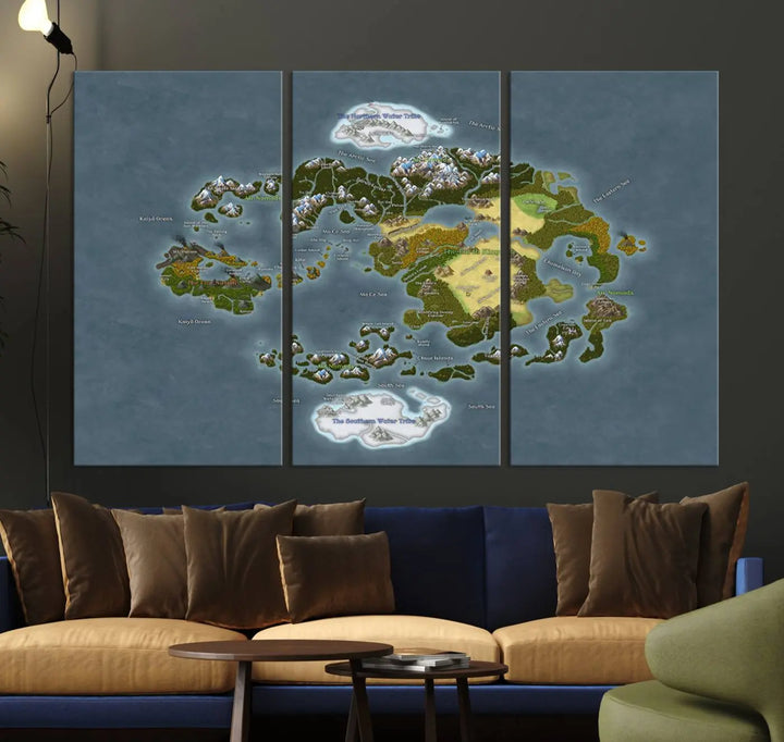 The Avatar The Last Airbender World Map Canvas Wall Art – Fantasy-Inspired Map Print enhances the wall with its vivid depiction of landscapes and intricate geography, perfectly encapsulating the spirit of adventure and imagination inherent in Avatar: The Last Airbender.