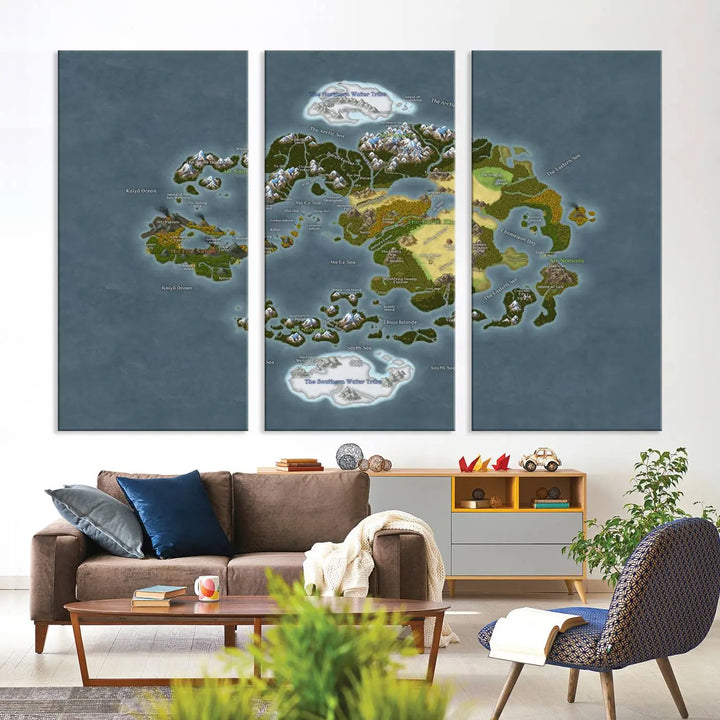 The Avatar The Last Airbender World Map Canvas Wall Art – Fantasy-Inspired Map Print enhances the wall with its vivid depiction of landscapes and intricate geography, perfectly encapsulating the spirit of adventure and imagination inherent in Avatar: The Last Airbender.