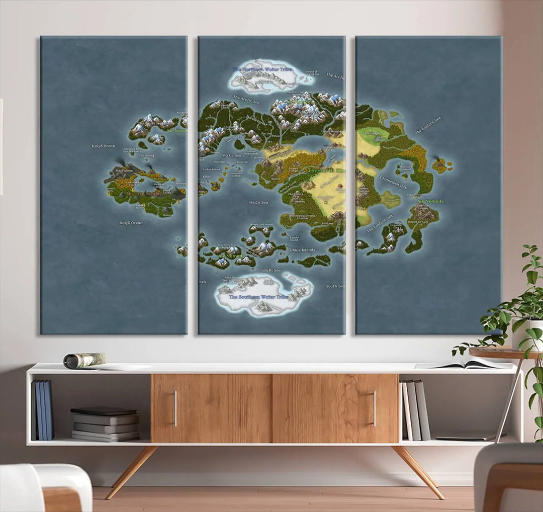 The Avatar The Last Airbender World Map Canvas Wall Art – Fantasy-Inspired Map Print enhances the wall with its vivid depiction of landscapes and intricate geography, perfectly encapsulating the spirit of adventure and imagination inherent in Avatar: The Last Airbender.