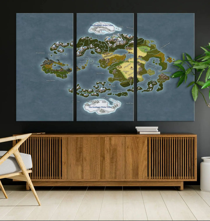 The Avatar The Last Airbender World Map Canvas Wall Art – Fantasy-Inspired Map Print enhances the wall with its vivid depiction of landscapes and intricate geography, perfectly encapsulating the spirit of adventure and imagination inherent in Avatar: The Last Airbender.