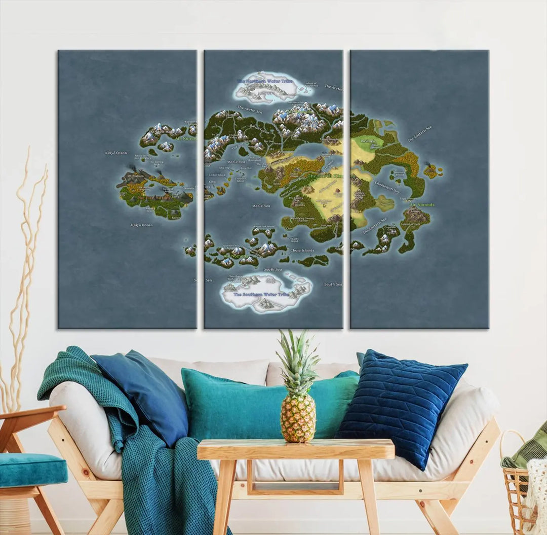 The Avatar The Last Airbender World Map Canvas Wall Art – Fantasy-Inspired Map Print enhances the wall with its vivid depiction of landscapes and intricate geography, perfectly encapsulating the spirit of adventure and imagination inherent in Avatar: The Last Airbender.