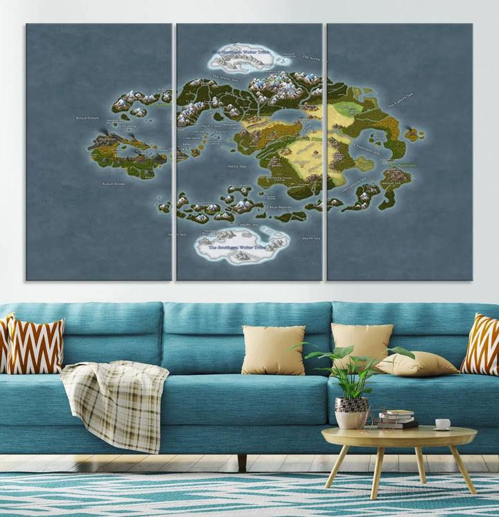 The Avatar The Last Airbender World Map Canvas Wall Art – Fantasy-Inspired Map Print enhances the wall with its vivid depiction of landscapes and intricate geography, perfectly encapsulating the spirit of adventure and imagination inherent in Avatar: The Last Airbender.