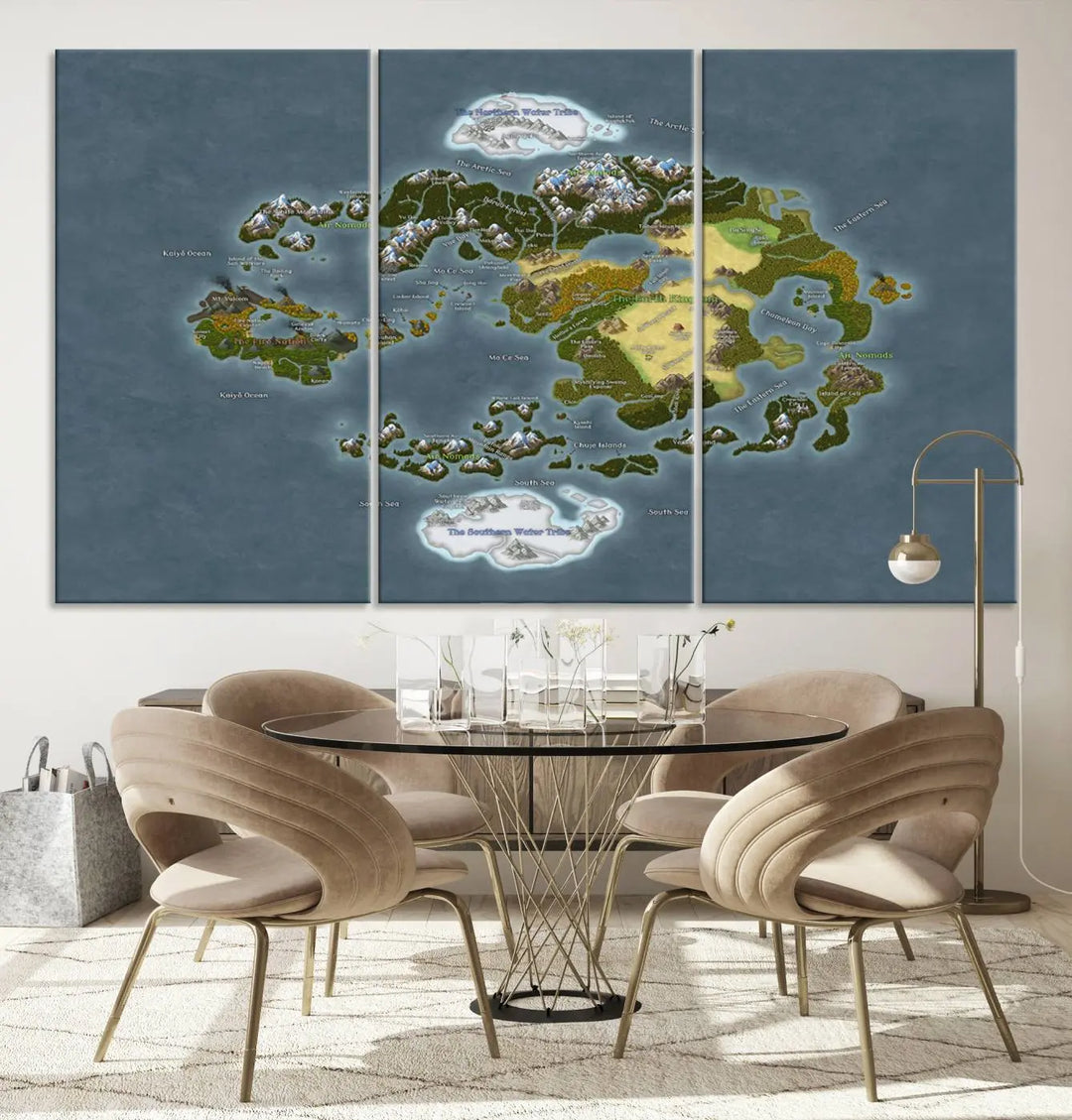 The Avatar The Last Airbender World Map Canvas Wall Art – Fantasy-Inspired Map Print enhances the wall with its vivid depiction of landscapes and intricate geography, perfectly encapsulating the spirit of adventure and imagination inherent in Avatar: The Last Airbender.