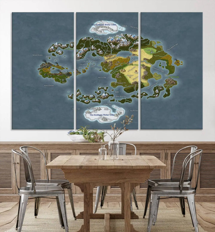 The Avatar The Last Airbender World Map Canvas Wall Art – Fantasy-Inspired Map Print enhances the wall with its vivid depiction of landscapes and intricate geography, perfectly encapsulating the spirit of adventure and imagination inherent in Avatar: The Last Airbender.