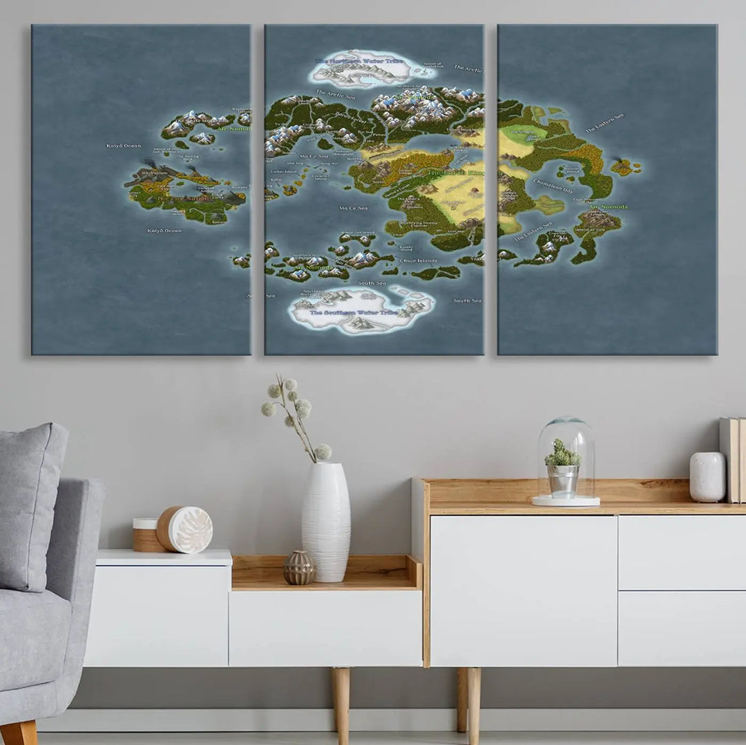 The Avatar The Last Airbender World Map Canvas Wall Art – Fantasy-Inspired Map Print enhances the wall with its vivid depiction of landscapes and intricate geography, perfectly encapsulating the spirit of adventure and imagination inherent in Avatar: The Last Airbender.