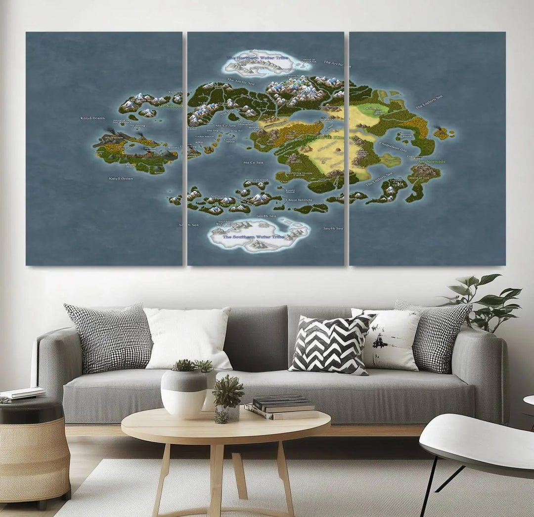 The Avatar The Last Airbender World Map Canvas Wall Art – Fantasy-Inspired Map Print enhances the wall with its vivid depiction of landscapes and intricate geography, perfectly encapsulating the spirit of adventure and imagination inherent in Avatar: The Last Airbender.