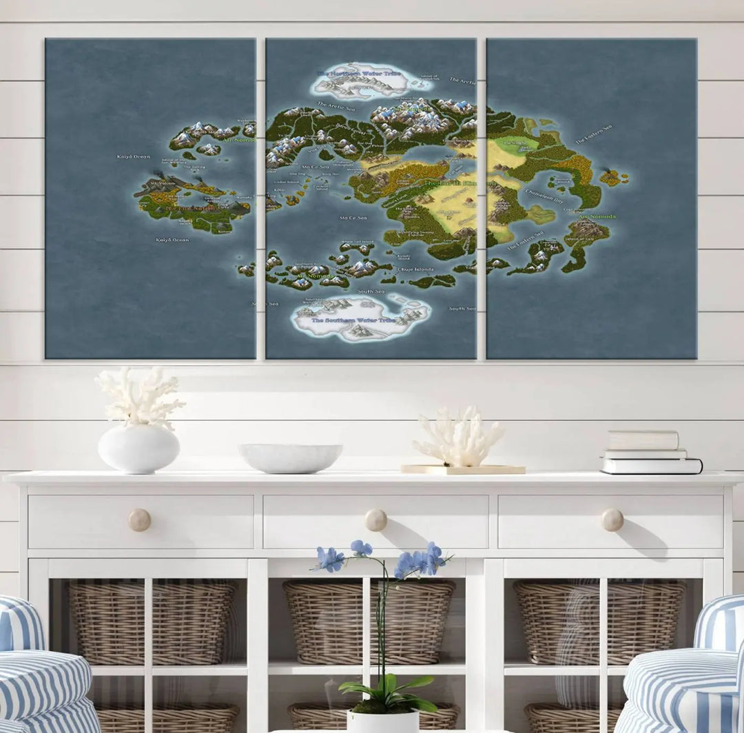 The Avatar The Last Airbender World Map Canvas Wall Art – Fantasy-Inspired Map Print enhances the wall with its vivid depiction of landscapes and intricate geography, perfectly encapsulating the spirit of adventure and imagination inherent in Avatar: The Last Airbender.