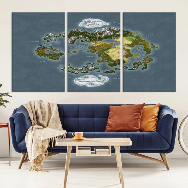 The Avatar The Last Airbender World Map Canvas Wall Art – Fantasy-Inspired Map Print enhances the wall with its vivid depiction of landscapes and intricate geography, perfectly encapsulating the spirit of adventure and imagination inherent in Avatar: The Last Airbender.