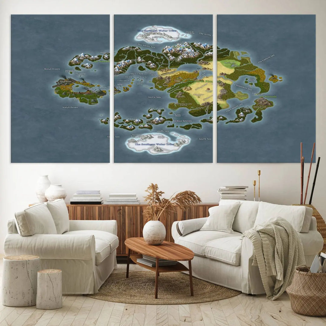 The Avatar The Last Airbender World Map Canvas Wall Art – Fantasy-Inspired Map Print enhances the wall with its vivid depiction of landscapes and intricate geography, perfectly encapsulating the spirit of adventure and imagination inherent in Avatar: The Last Airbender.