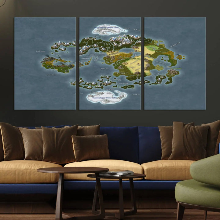 The Avatar The Last Airbender World Map Canvas Wall Art – Fantasy-Inspired Map Print enhances the wall with its vivid depiction of landscapes and intricate geography, perfectly encapsulating the spirit of adventure and imagination inherent in Avatar: The Last Airbender.