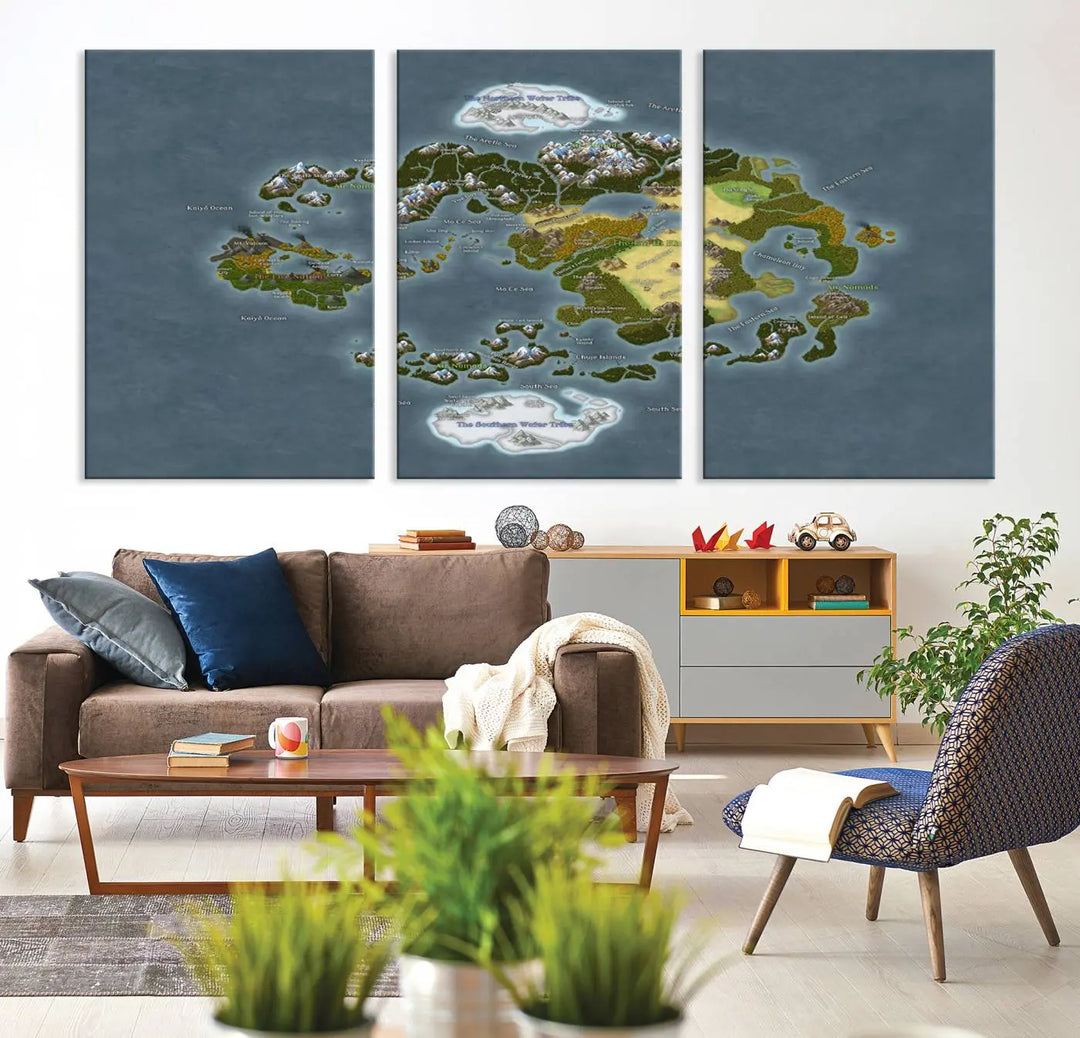 The Avatar The Last Airbender World Map Canvas Wall Art – Fantasy-Inspired Map Print enhances the wall with its vivid depiction of landscapes and intricate geography, perfectly encapsulating the spirit of adventure and imagination inherent in Avatar: The Last Airbender.