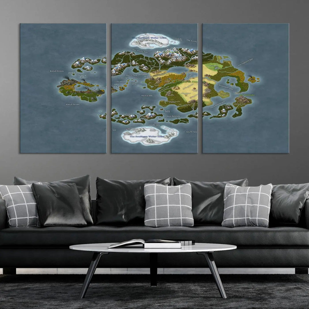 The Avatar The Last Airbender World Map Canvas Wall Art – Fantasy-Inspired Map Print enhances the wall with its vivid depiction of landscapes and intricate geography, perfectly encapsulating the spirit of adventure and imagination inherent in Avatar: The Last Airbender.