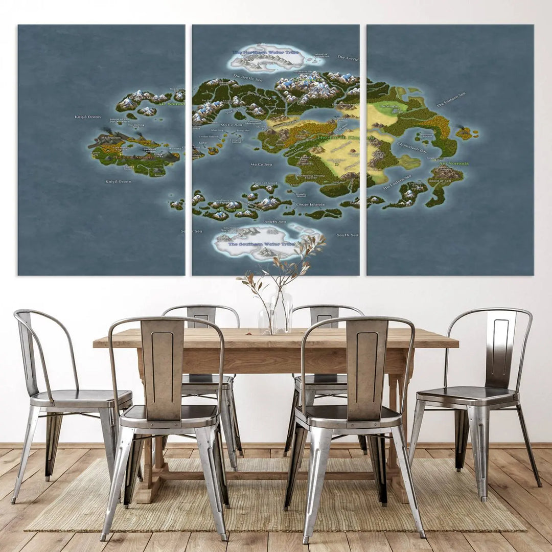 The Avatar The Last Airbender World Map Canvas Wall Art – Fantasy-Inspired Map Print enhances the wall with its vivid depiction of landscapes and intricate geography, perfectly encapsulating the spirit of adventure and imagination inherent in Avatar: The Last Airbender.