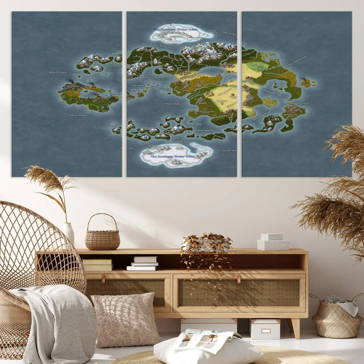 The Avatar The Last Airbender World Map Canvas Wall Art – Fantasy-Inspired Map Print enhances the wall with its vivid depiction of landscapes and intricate geography, perfectly encapsulating the spirit of adventure and imagination inherent in Avatar: The Last Airbender.