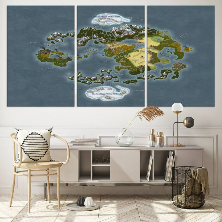 The Avatar The Last Airbender World Map Canvas Wall Art – Fantasy-Inspired Map Print enhances the wall with its vivid depiction of landscapes and intricate geography, perfectly encapsulating the spirit of adventure and imagination inherent in Avatar: The Last Airbender.