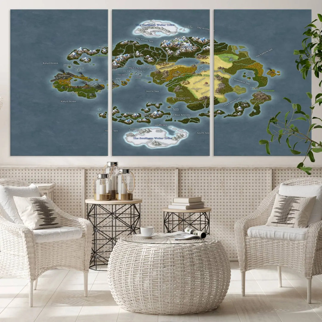 The Avatar The Last Airbender World Map Canvas Wall Art – Fantasy-Inspired Map Print enhances the wall with its vivid depiction of landscapes and intricate geography, perfectly encapsulating the spirit of adventure and imagination inherent in Avatar: The Last Airbender.