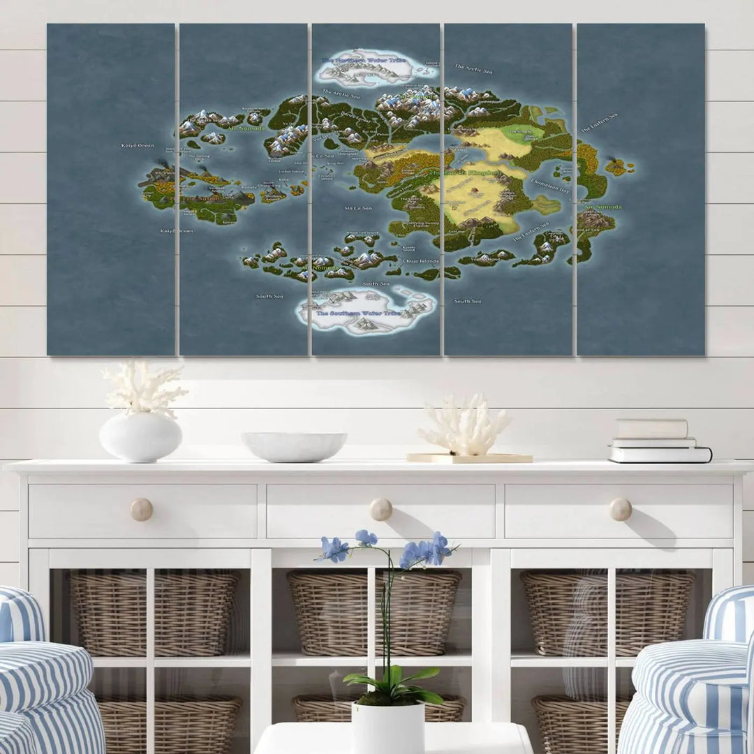 The Avatar The Last Airbender World Map Canvas Wall Art – Fantasy-Inspired Map Print enhances the wall with its vivid depiction of landscapes and intricate geography, perfectly encapsulating the spirit of adventure and imagination inherent in Avatar: The Last Airbender.