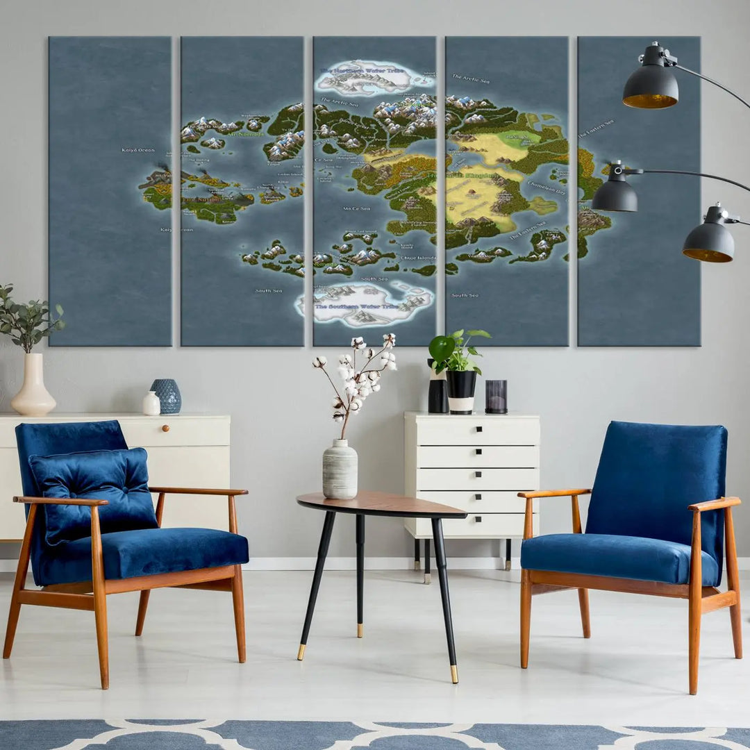 The Avatar The Last Airbender World Map Canvas Wall Art – Fantasy-Inspired Map Print enhances the wall with its vivid depiction of landscapes and intricate geography, perfectly encapsulating the spirit of adventure and imagination inherent in Avatar: The Last Airbender.