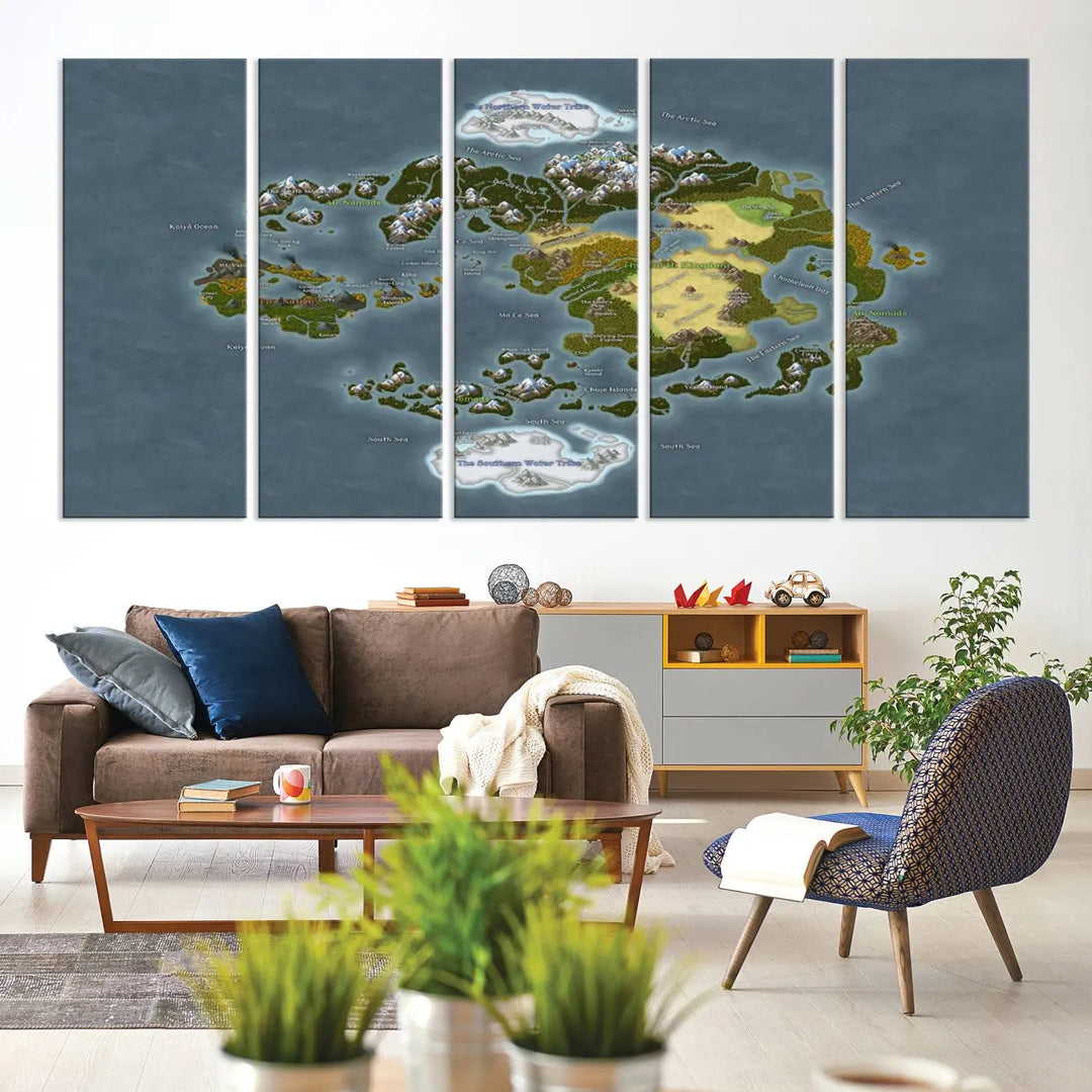 The Avatar The Last Airbender World Map Canvas Wall Art – Fantasy-Inspired Map Print enhances the wall with its vivid depiction of landscapes and intricate geography, perfectly encapsulating the spirit of adventure and imagination inherent in Avatar: The Last Airbender.