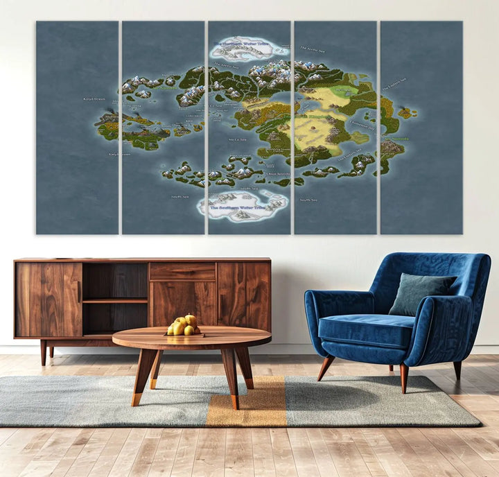 The Avatar The Last Airbender World Map Canvas Wall Art – Fantasy-Inspired Map Print enhances the wall with its vivid depiction of landscapes and intricate geography, perfectly encapsulating the spirit of adventure and imagination inherent in Avatar: The Last Airbender.