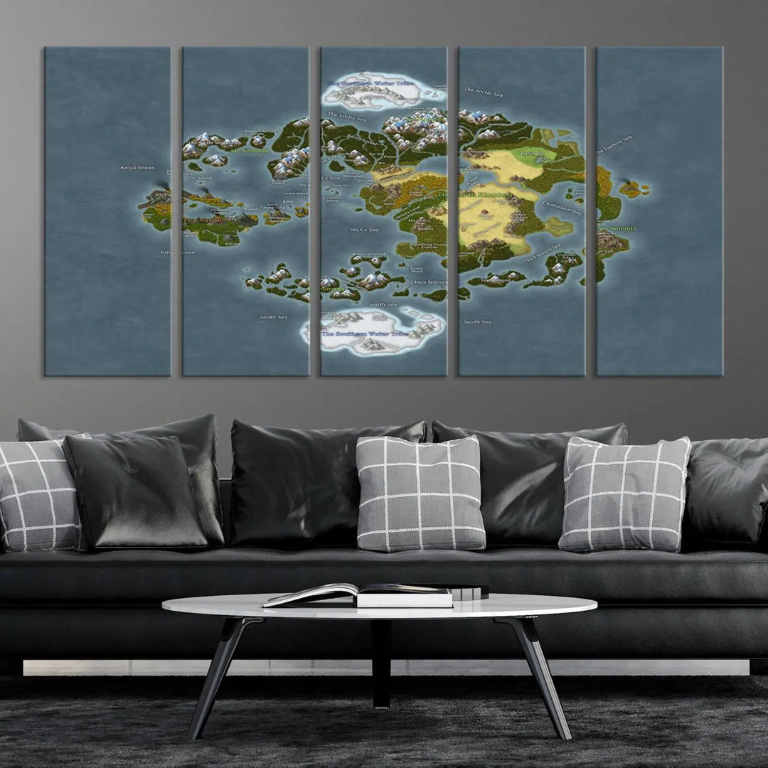 The Avatar The Last Airbender World Map Canvas Wall Art – Fantasy-Inspired Map Print enhances the wall with its vivid depiction of landscapes and intricate geography, perfectly encapsulating the spirit of adventure and imagination inherent in Avatar: The Last Airbender.