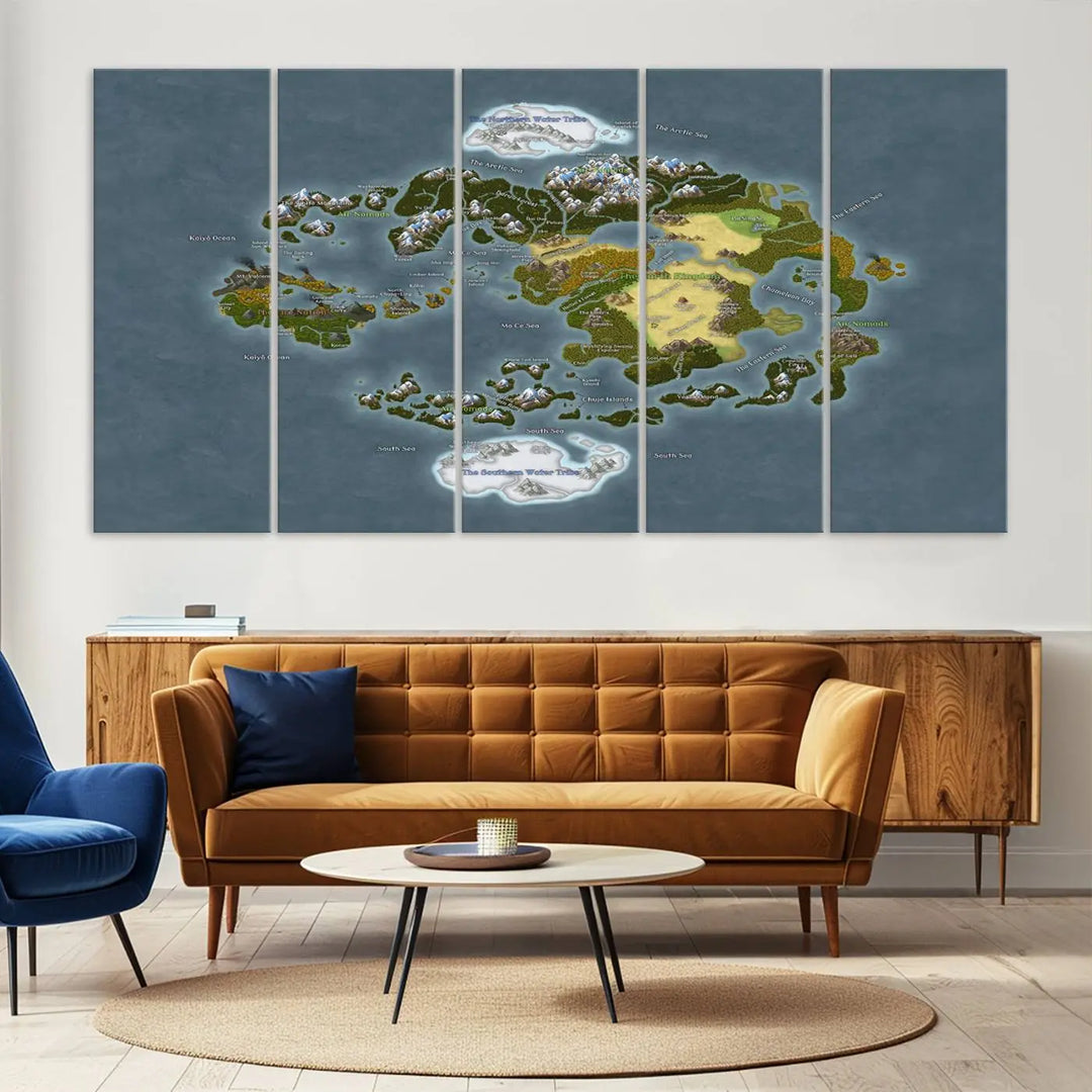 The Avatar The Last Airbender World Map Canvas Wall Art – Fantasy-Inspired Map Print enhances the wall with its vivid depiction of landscapes and intricate geography, perfectly encapsulating the spirit of adventure and imagination inherent in Avatar: The Last Airbender.