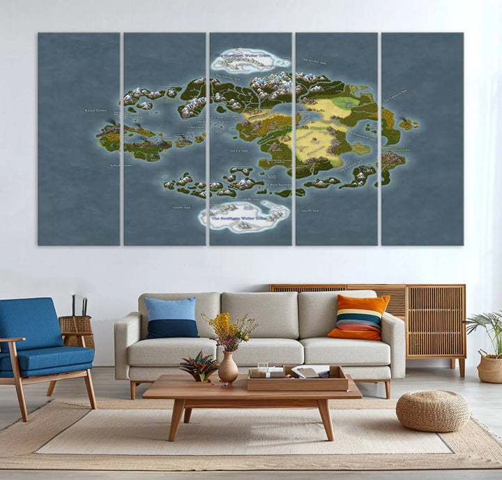 The Avatar The Last Airbender World Map Canvas Wall Art – Fantasy-Inspired Map Print enhances the wall with its vivid depiction of landscapes and intricate geography, perfectly encapsulating the spirit of adventure and imagination inherent in Avatar: The Last Airbender.