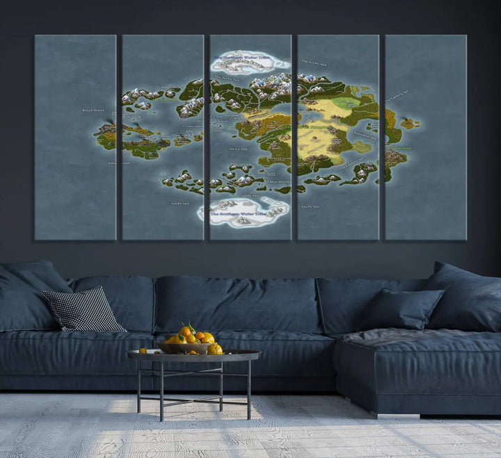 The Avatar The Last Airbender World Map Canvas Wall Art – Fantasy-Inspired Map Print enhances the wall with its vivid depiction of landscapes and intricate geography, perfectly encapsulating the spirit of adventure and imagination inherent in Avatar: The Last Airbender.