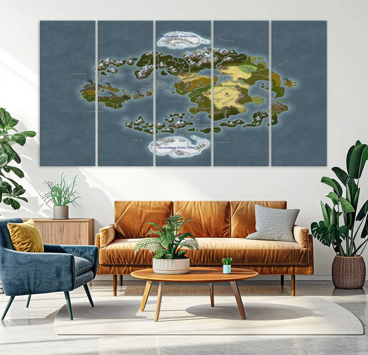 The Avatar The Last Airbender World Map Canvas Wall Art – Fantasy-Inspired Map Print enhances the wall with its vivid depiction of landscapes and intricate geography, perfectly encapsulating the spirit of adventure and imagination inherent in Avatar: The Last Airbender.