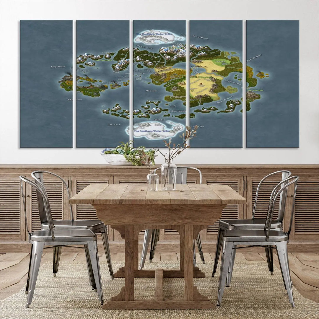 The Avatar The Last Airbender World Map Canvas Wall Art – Fantasy-Inspired Map Print enhances the wall with its vivid depiction of landscapes and intricate geography, perfectly encapsulating the spirit of adventure and imagination inherent in Avatar: The Last Airbender.