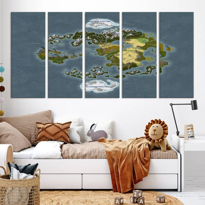 The Avatar The Last Airbender World Map Canvas Wall Art – Fantasy-Inspired Map Print enhances the wall with its vivid depiction of landscapes and intricate geography, perfectly encapsulating the spirit of adventure and imagination inherent in Avatar: The Last Airbender.