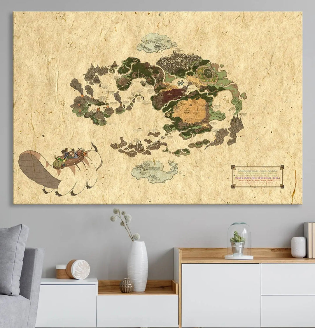 An Avatar The Last Airbender World Map Canvas Wall Art, showcasing a fantasy-inspired map print, hangs gracefully.