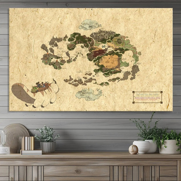 An Avatar The Last Airbender World Map Canvas Wall Art, showcasing a fantasy-inspired map print, hangs gracefully.