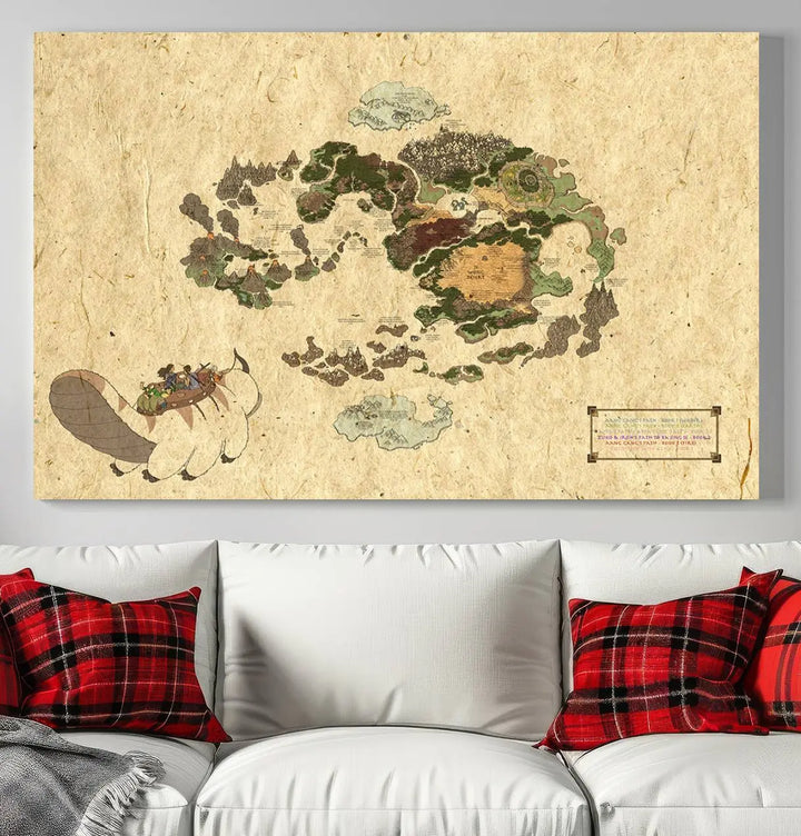 An Avatar The Last Airbender World Map Canvas Wall Art, showcasing a fantasy-inspired map print, hangs gracefully.