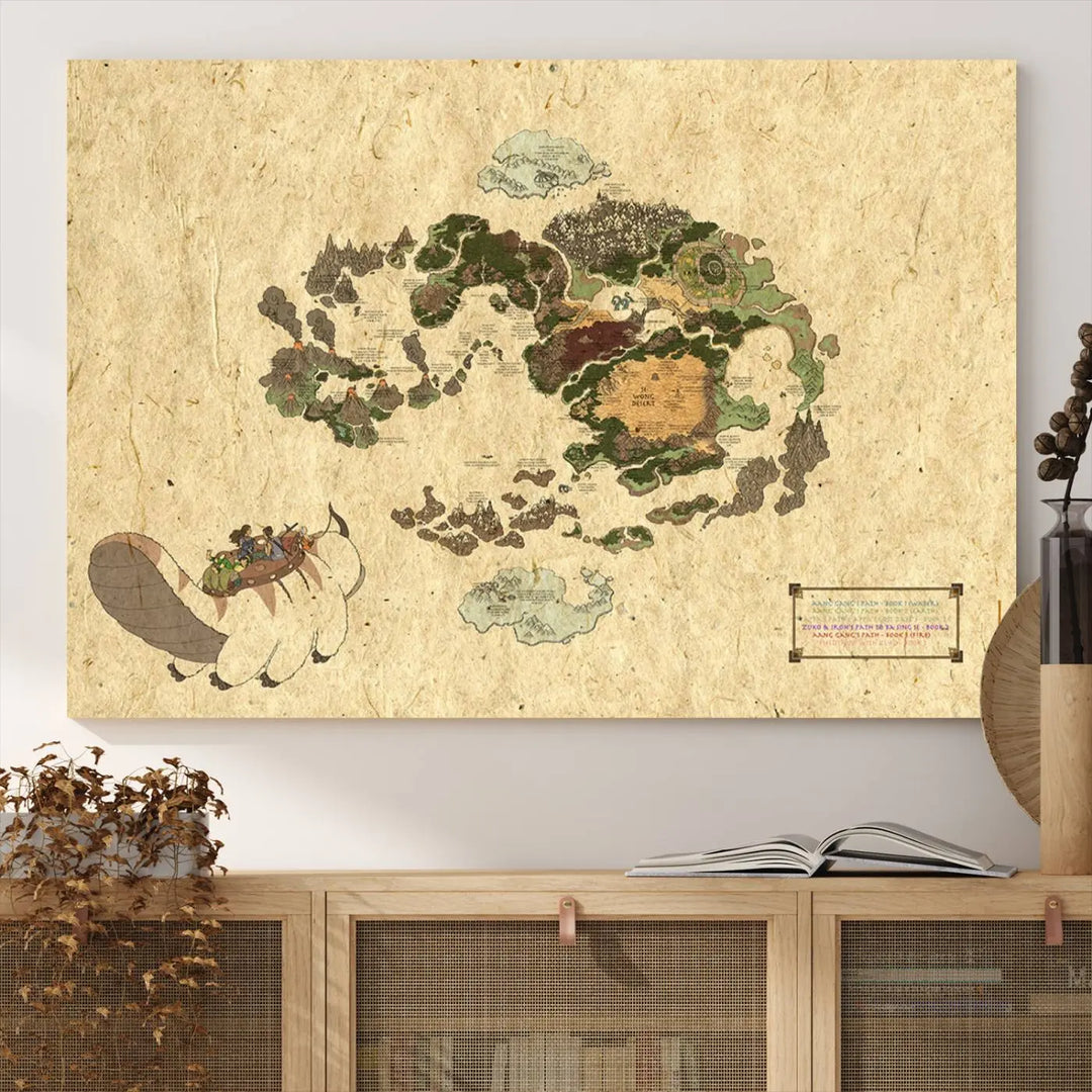 An Avatar The Last Airbender World Map Canvas Wall Art, showcasing a fantasy-inspired map print, hangs gracefully.