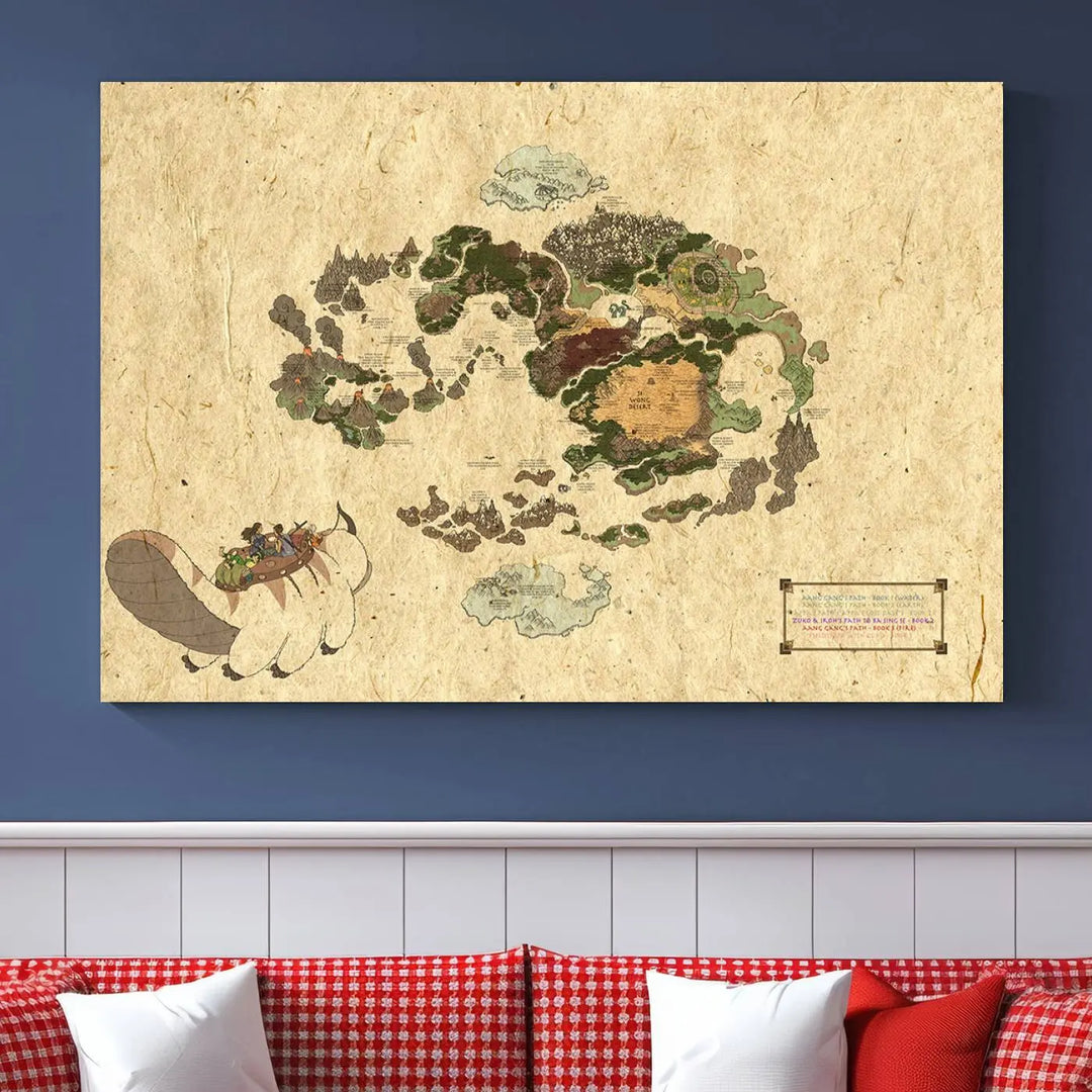 An Avatar The Last Airbender World Map Canvas Wall Art, showcasing a fantasy-inspired map print, hangs gracefully.